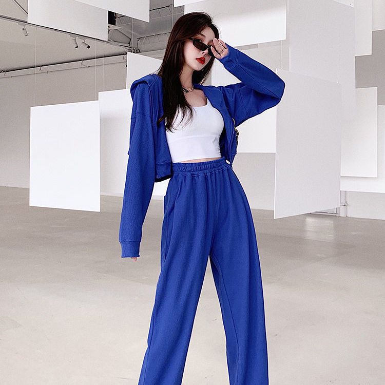 Sports waffle suit female loose casual high waist Klein blue hot girl wide leg sweatpants spring and autumn tide two-piece suit