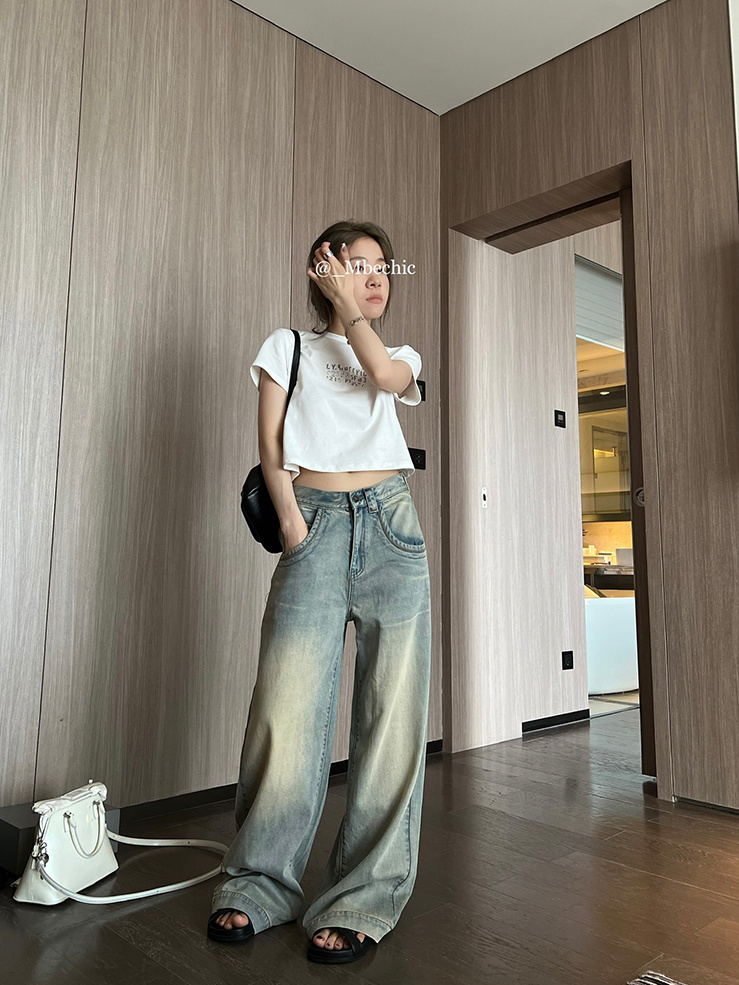 水洗牛仔褲女美式高街小個子寬鬆百搭直筒褲拖地褲闊腿褲小眾褲子