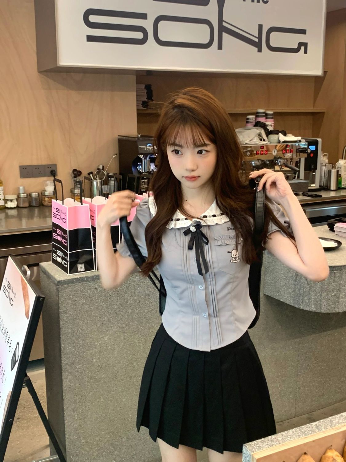 學院風套裝女夏季新款小個子娃娃領拼接修身短款襯衫百褶裙兩件套