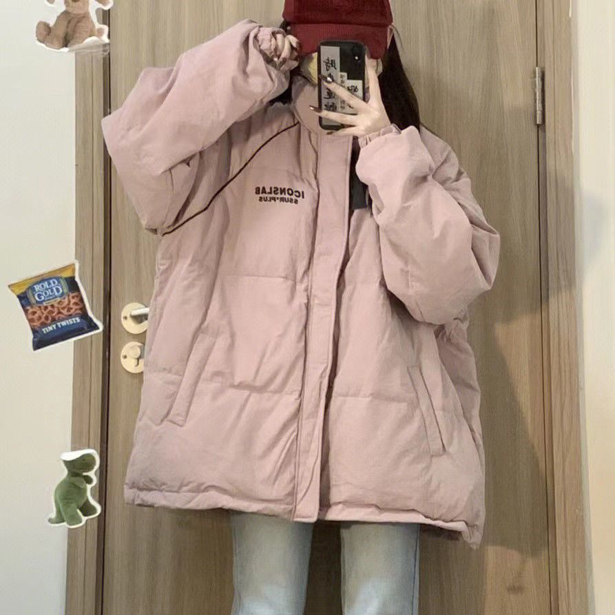 College style sweet thickened warm pink embroidered cotton coat for female students winter Korean style hand-stuffed cotton bread jacket