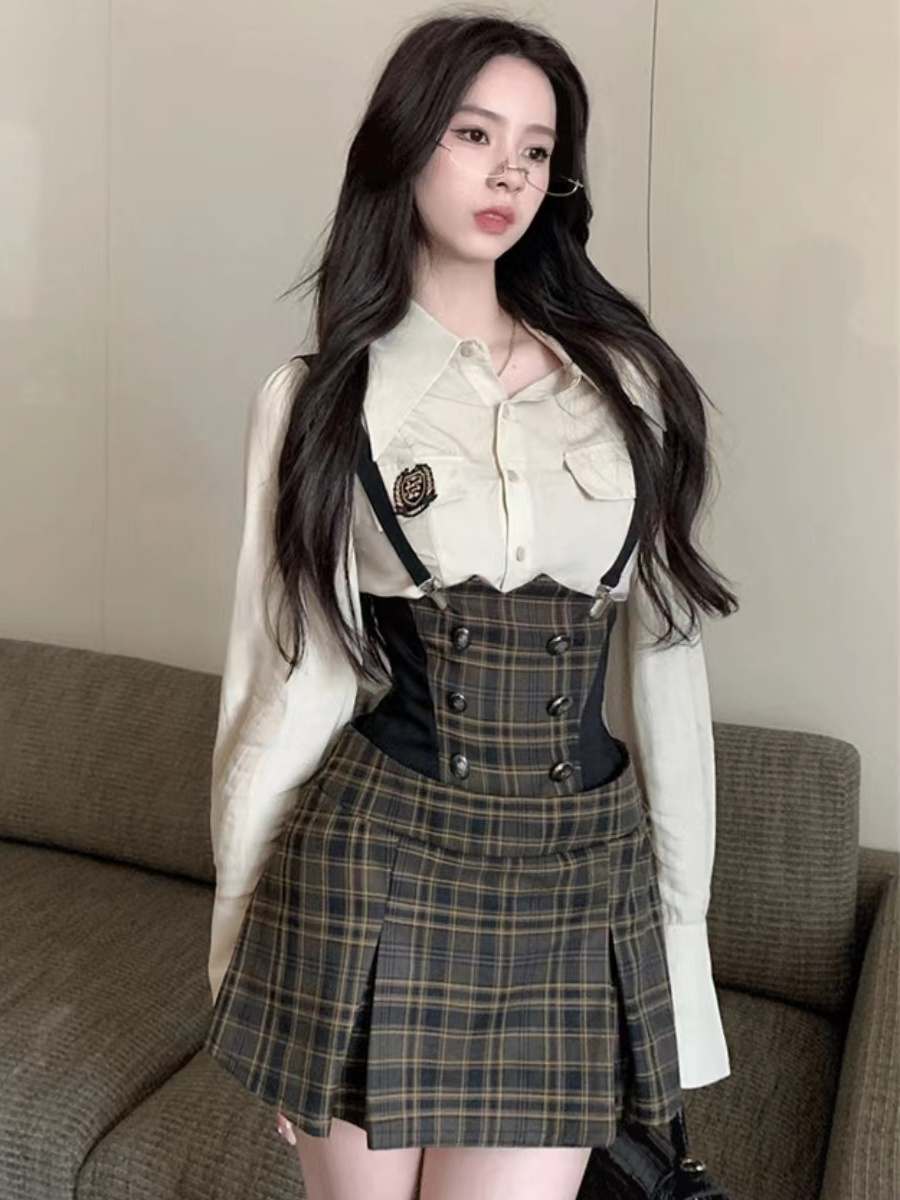 大碼美式甜辣顯瘦英倫港味長袖襯衫女胖mm顯瘦A字背帶半身裙套裝