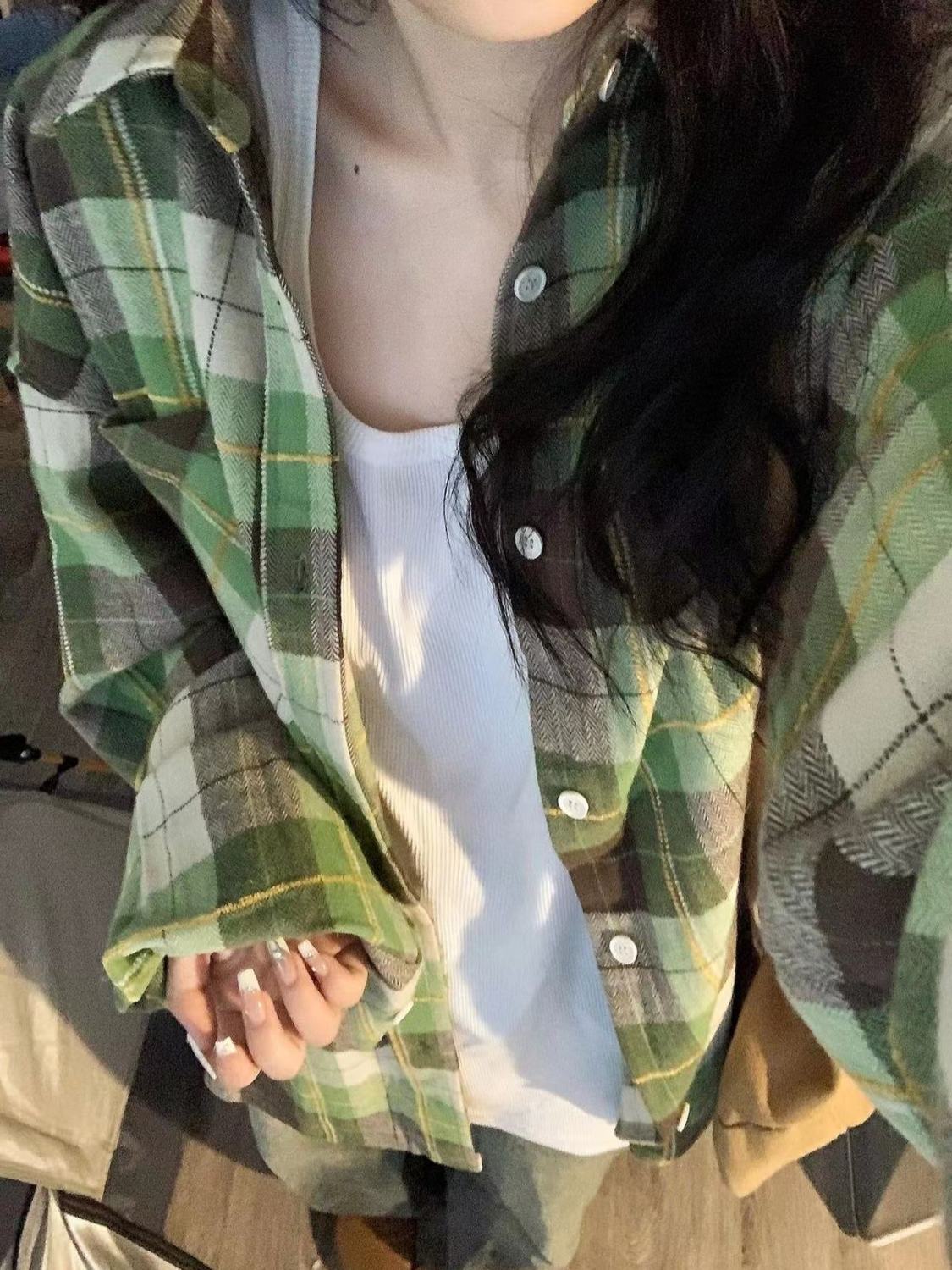 早秋2023新款文藝復古綠色格子襯衫女寬鬆百搭情侶款襯衣外穿潮流