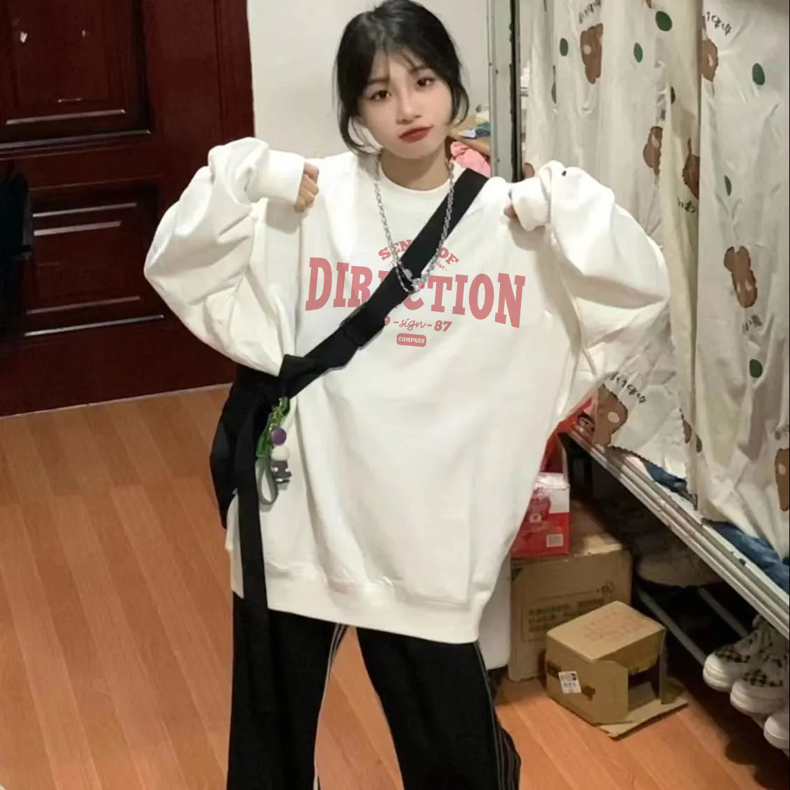 新款ins慵懶風圓領衛衣女學生韓版寬鬆秋冬百搭bf長袖個性上衣潮