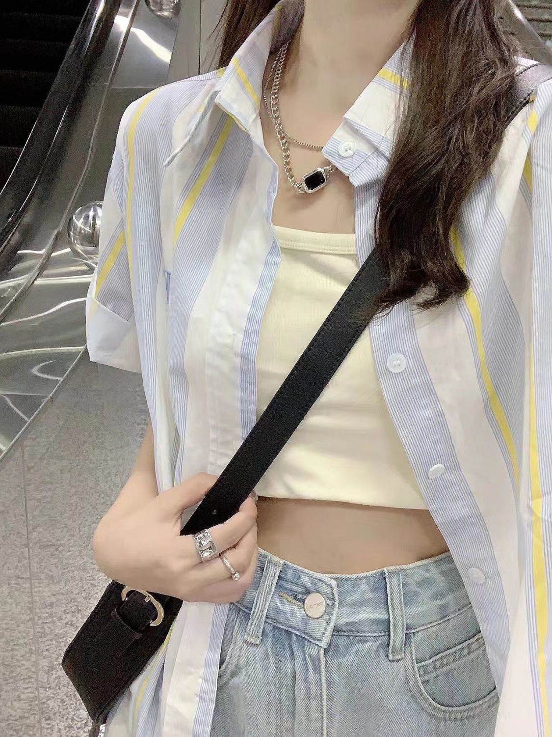 日系夏季條紋短袖襯衫女港風寬鬆休閒薄款小眾襯衣百搭半袖上衣潮