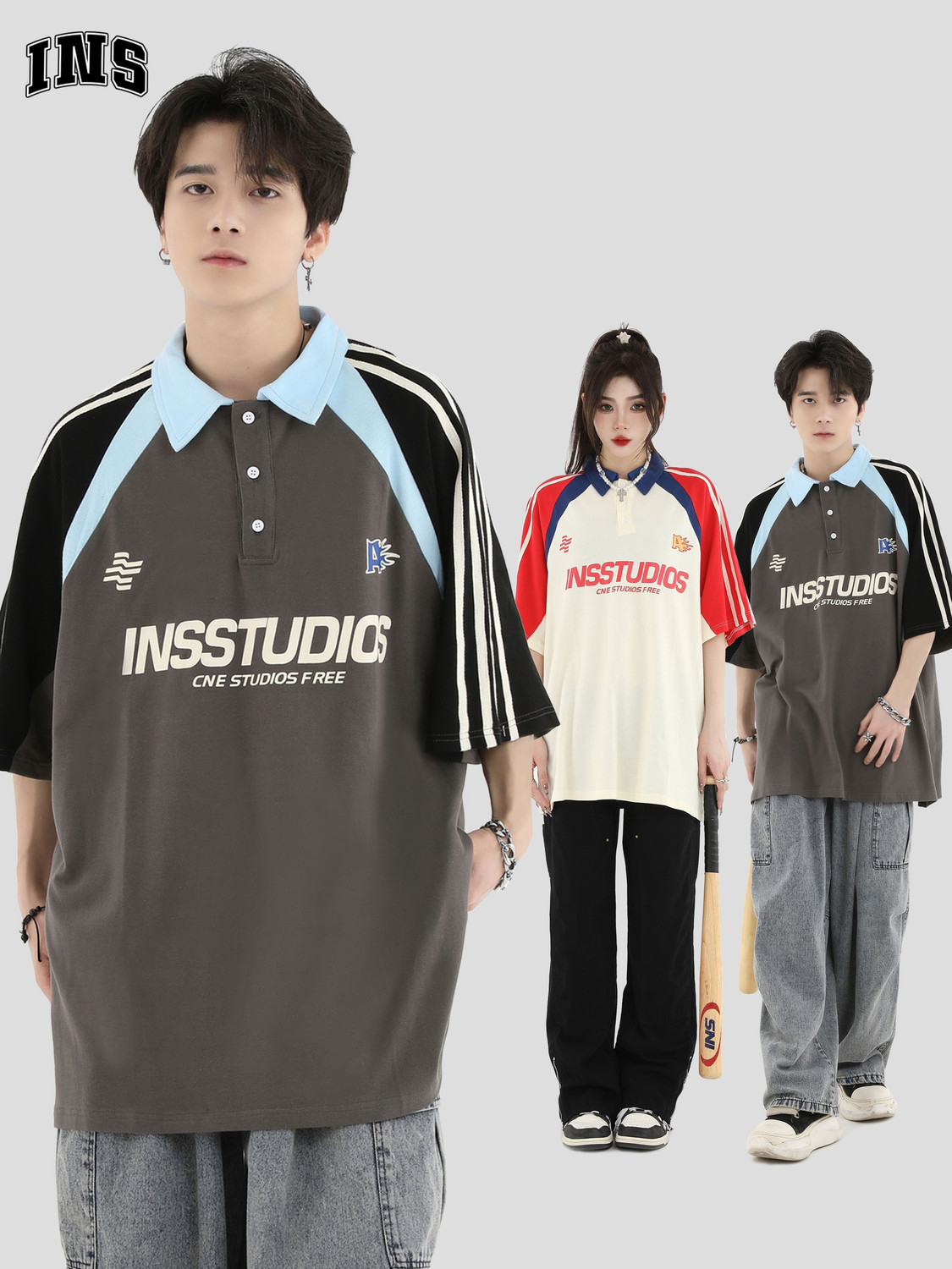 INSstudios 國潮牌情侶美式三條槓撞色POLO短袖拼接翻領純棉T恤男