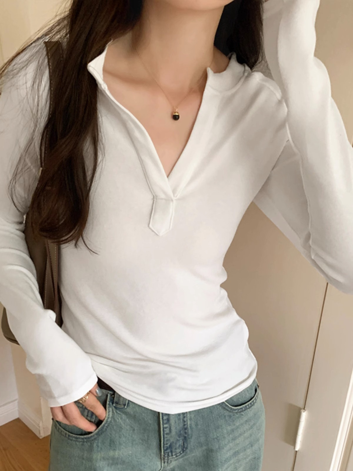純棉設計感修身顯瘦辣妹長袖T恤女秋冬高腰打底衫短款V領小眾上衣