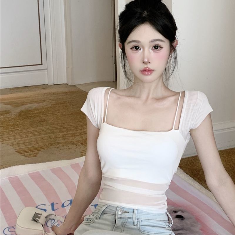 設計感小眾拼接網紗白色短袖T恤女夏季短款修身純欲方領吊帶上衣