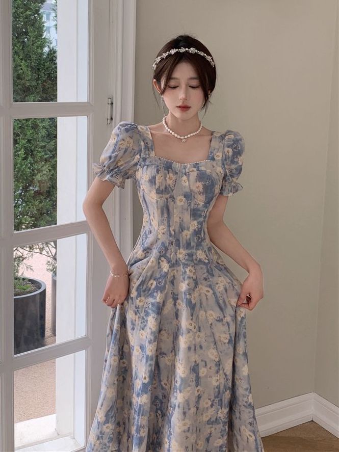 Plus size sweet French retro blue oil painting floral dress waist slim square collar temperament elegant long skirt