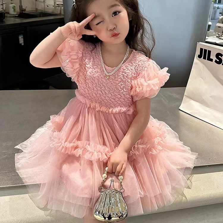 女童連衣裙夏季兒童超仙蓬蓬紗表演禮服洋氣女孩仙女粉色公主裙子