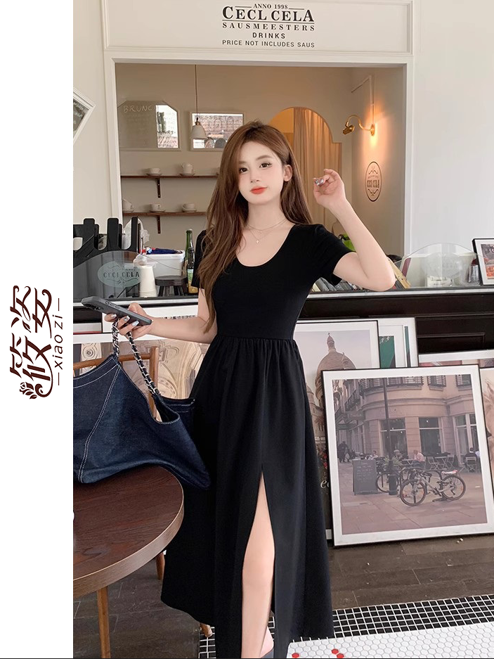 筱姿韓版圓領氣質開叉連衣裙女夏法式復古赫本風不規則長裙子2023