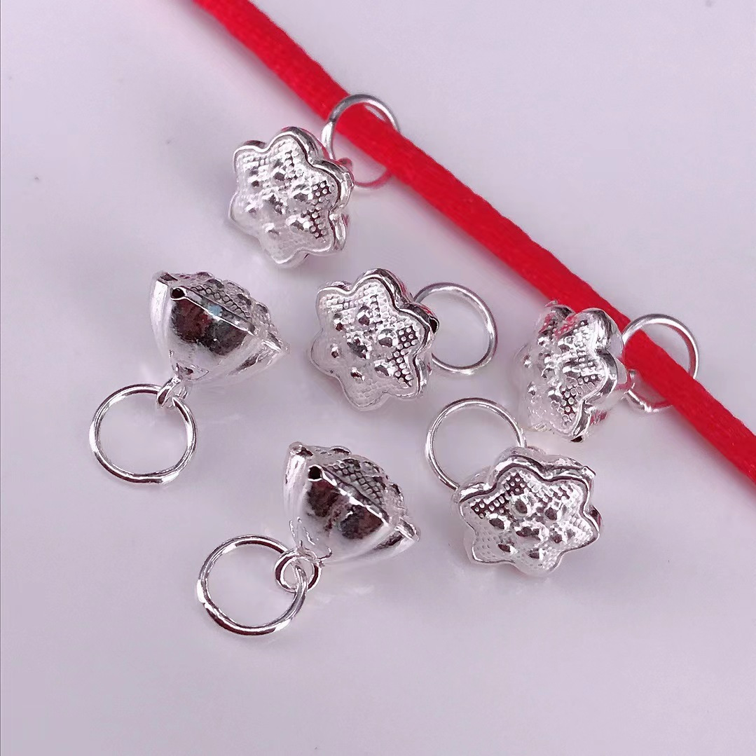 s990纯银珠银饰新款时尚铃铛小挂件diy银配件莲藕凸底6角莲蓬