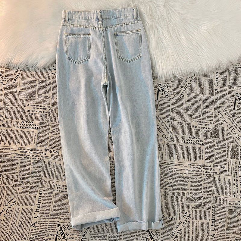 Design sense jeans trousers sweet wind bow tie lace all-match ripped holes high waist straight wide leg pants women