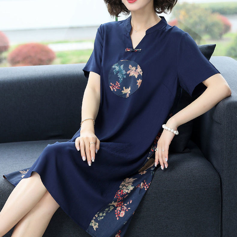  new mother's dress summer skirt noble temperament cheongsam middle-aged and elderly women's short-sleeved dress mid-length