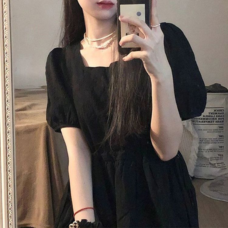 大碼新款黑色連衣裙子女裝夏季收腰顯瘦長裙茶歇法式赫本風小黑裙