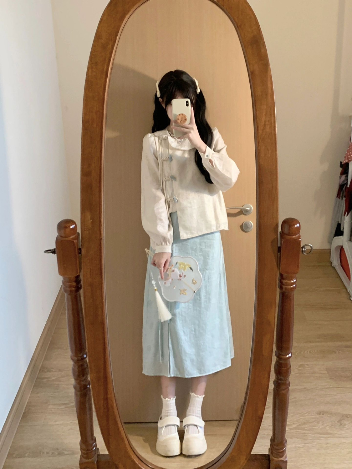 春秋款新中式中国风小众盘扣设计长袖衬衫上衣女甜美半身裙两件套