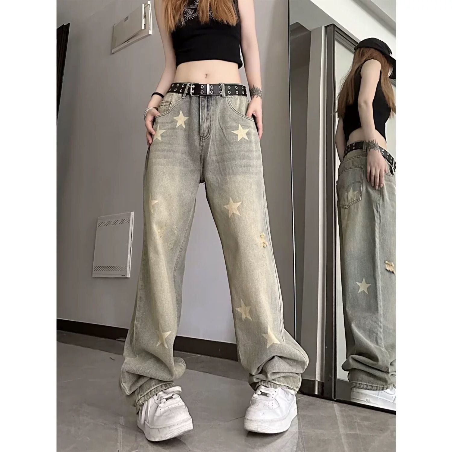黄泥色星星牛仔裤女夏季薄款美式高街hiphop设计感直筒显瘦长裤子