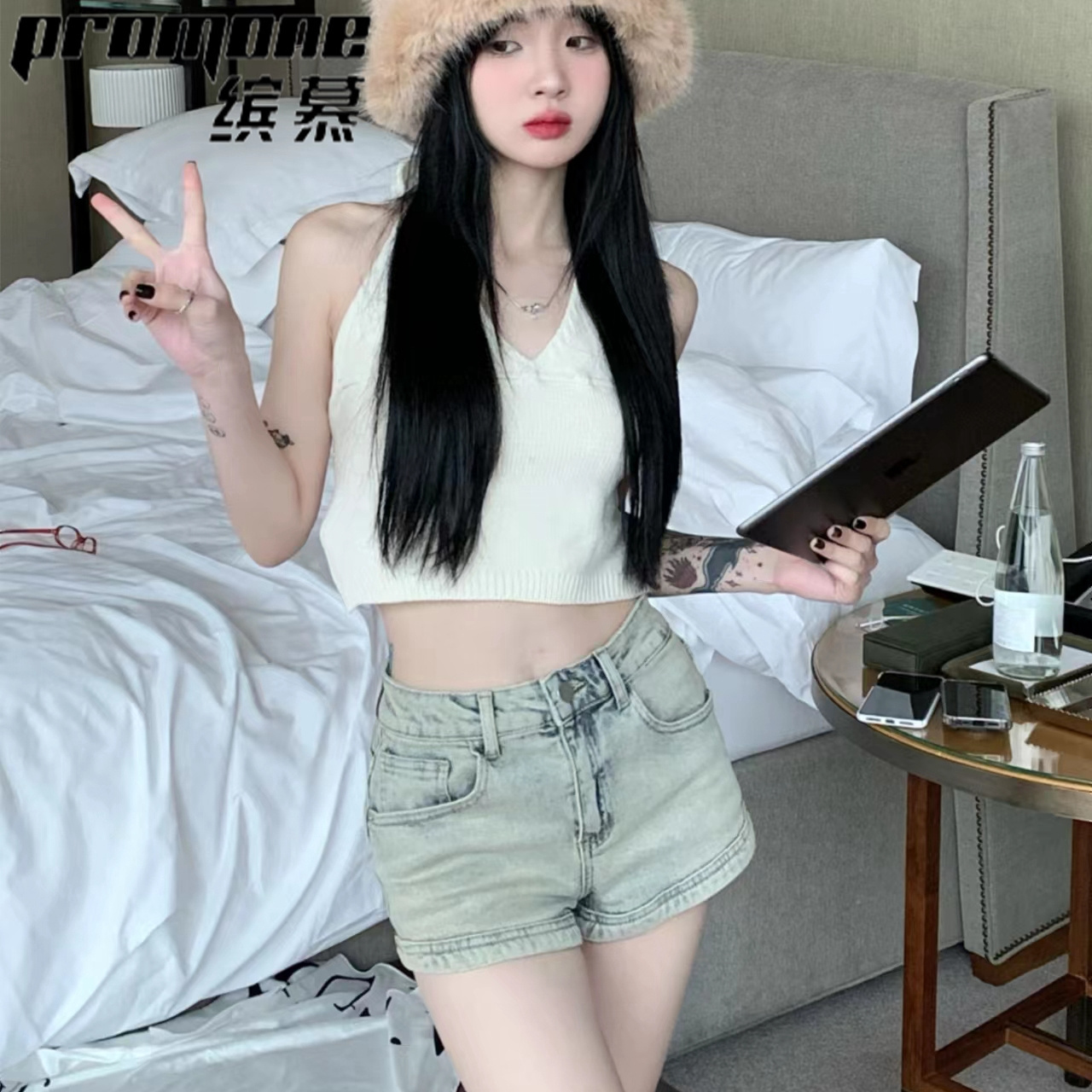 [PROMONE] Retro tight denim shorts women's summer hot pants high-waisted slimming a-line straight wide-leg pants