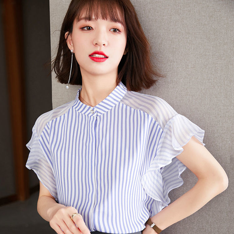 超仙雪紡衫女甜美夏裝2023年新款法式短袖氣質條紋襯衫上衣襯衣