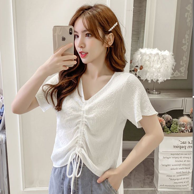 Chiffon top women's summer design niche French chic V-neck drawstring bubble wrinkle shirt sweet short-sleeved T-shirt trendy