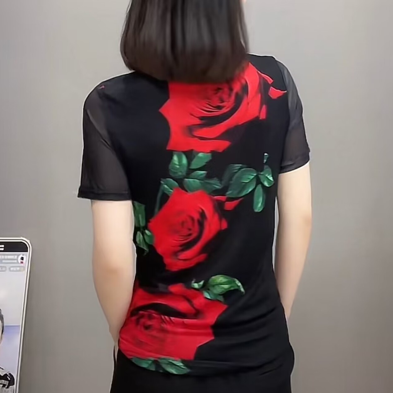 时尚洋气外穿短袖T恤女2023夏季新款定位红玫瑰网纱气质打底衫