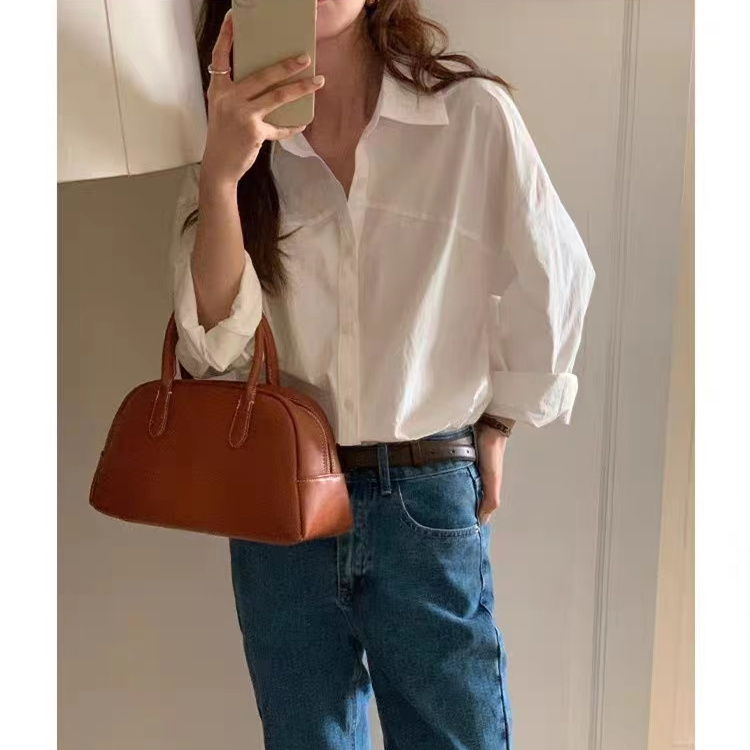 CONGRAZIO白色法式襯衫女上衣寬鬆長袖高級感港風百搭白色襯衣女