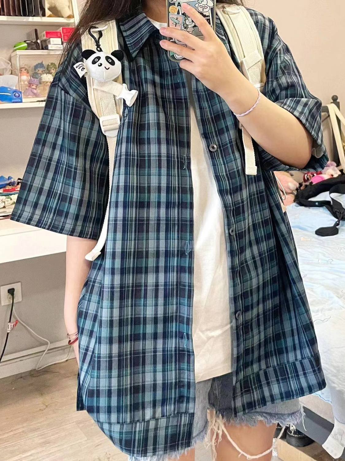 港風復古短袖襯衫女小眾刺繡襯衣開衫夏季薄款寬鬆百搭上衣ins潮