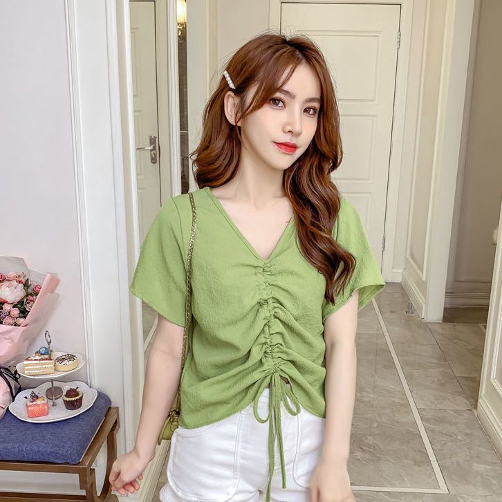 Chiffon top women's summer design niche French chic V-neck drawstring bubble wrinkle shirt sweet short-sleeved T-shirt trendy