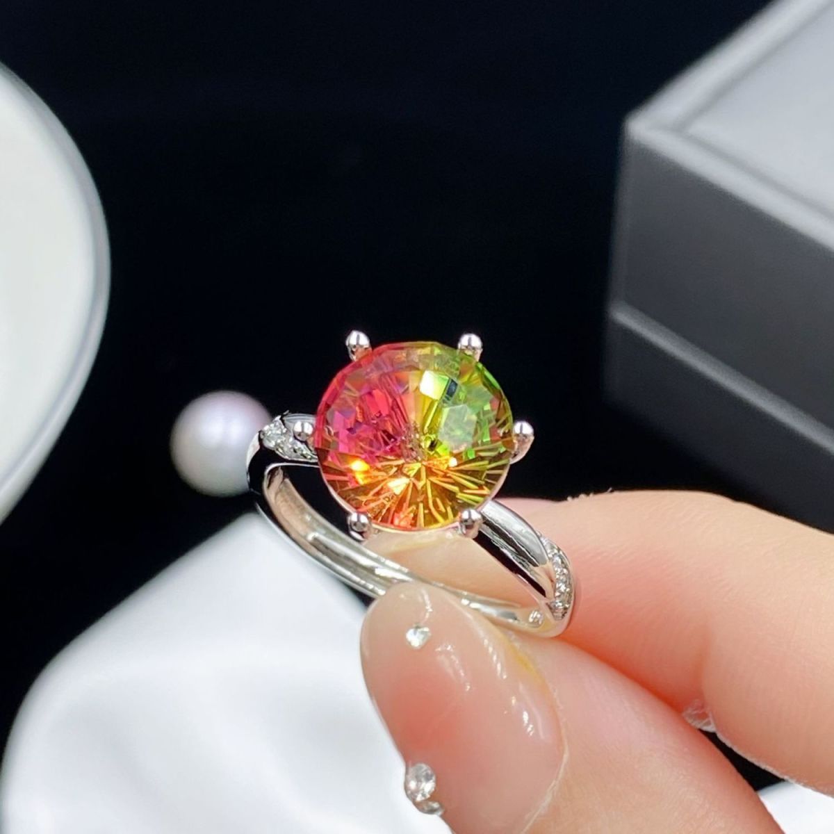 Bague tendance en argent S925, ornée d'une tourmaline colorée en forme de pastèque, inspirée des célébrités d'Internet. Cadeau idéal pour femme._voghion.com