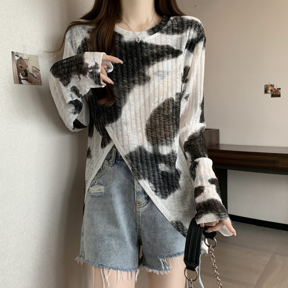 Large size thin long-sleeved sun protection shirt for women 2023 new summer fat mm casual loose slimming irregular top