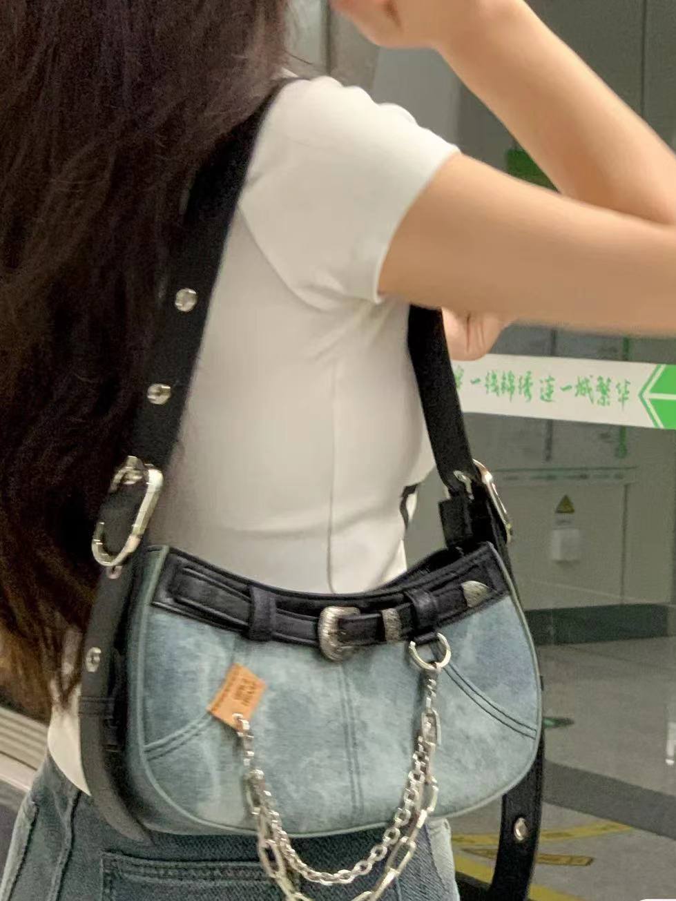 甜酷少女感復古牛仔風 小眾原創設計百搭單肩斜挎手拎包
