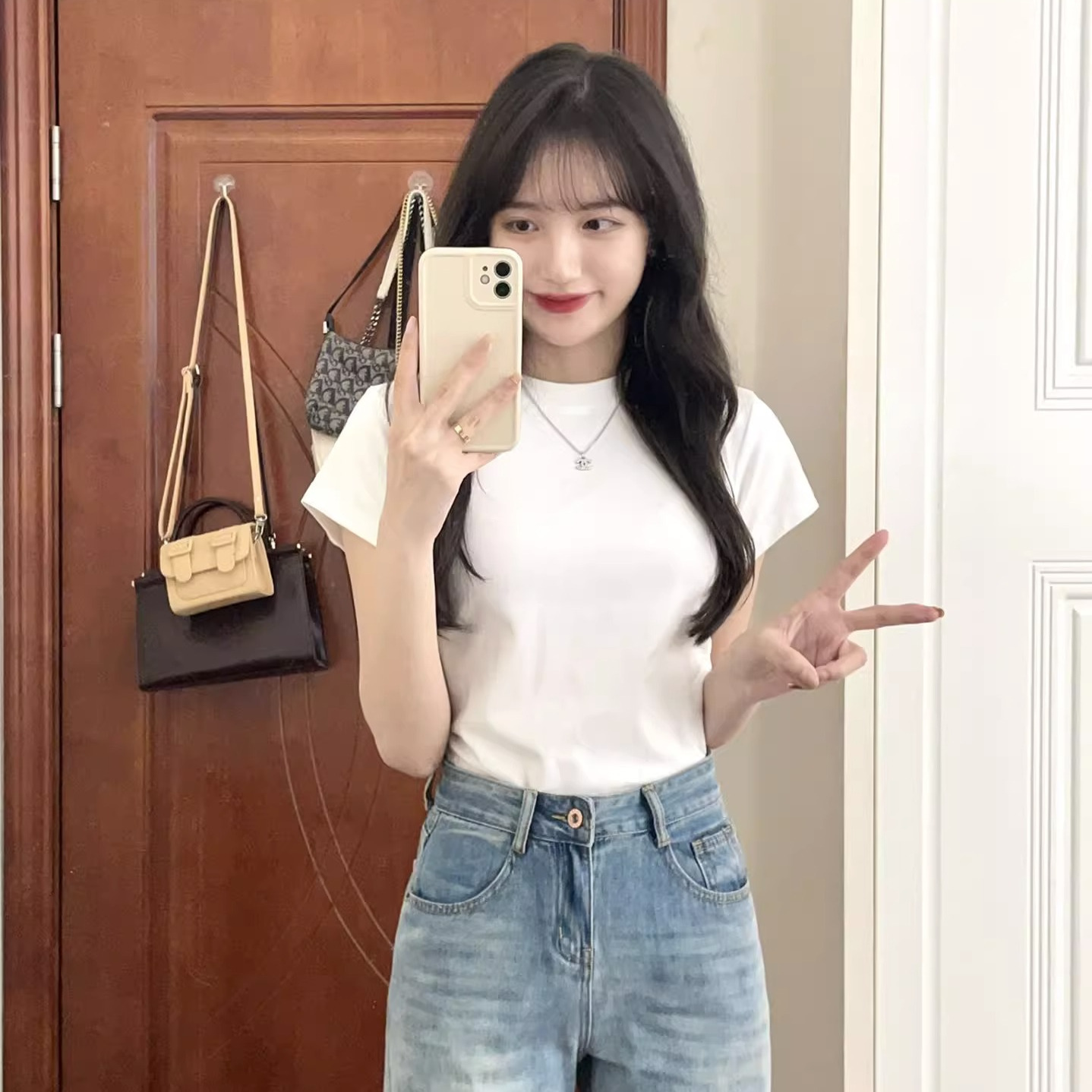 Basic front shoulder pure cotton short-sleeved T-shirt women's summer white round neck slim fit and all-match half-sleeve small top