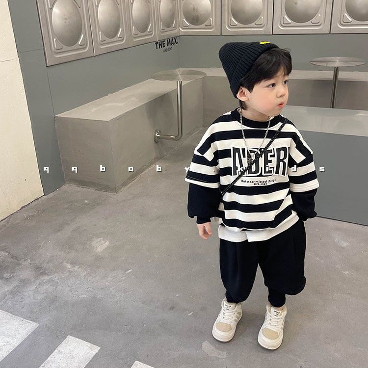 男女童套裝2023春秋季新款洋氣條紋衛衣兒童寶寶休閒假兩件褲子潮