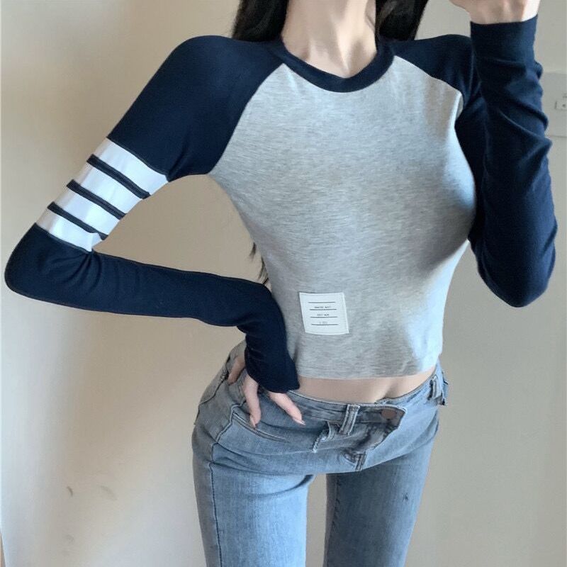 Ins tight-fitting short navel t-shirt female students spring and autumn wear all-match tops trendy chest big inner bottoming shirt winter