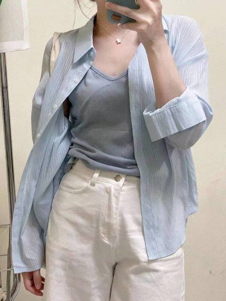 夏季超仙奶藍色防曬襯衫女高級感氣質ins中長款襯衣開衫外穿上衣