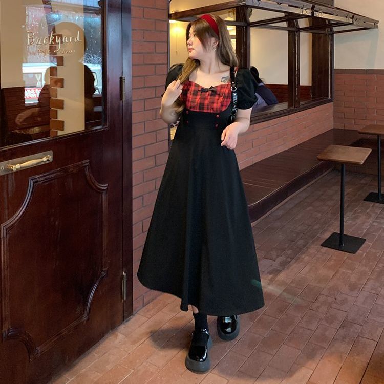 Large size fat mm contrasting color splicing puff sleeve dress women's new summer new slim slimming waist college style long skirt