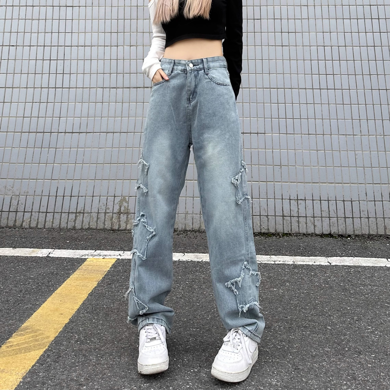 高腰顯瘦牛仔褲女秋冬港風復古毛邊貼布直筒垂感長褲寬鬆闊腿褲子