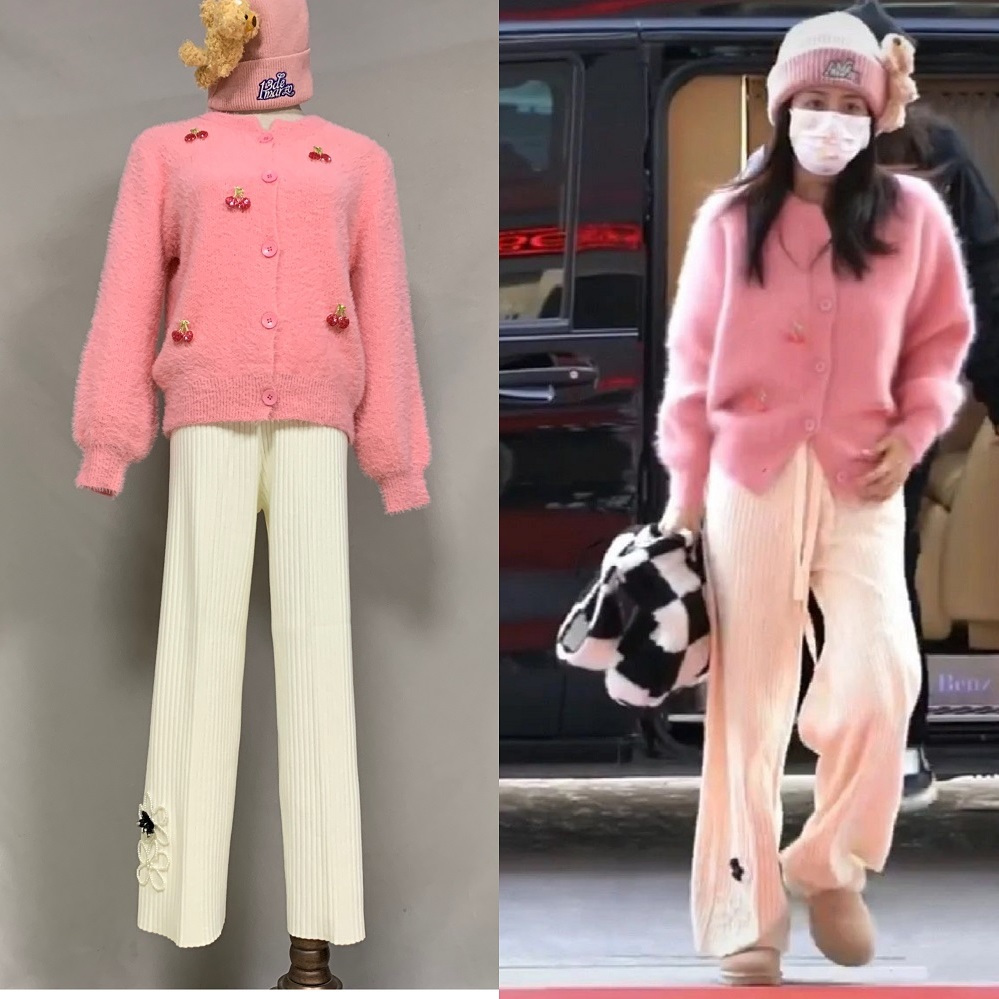 抖音白鹿同款粉色毛衣女秋冬樱桃开衫外套软糯针织衫上衣白色裤子