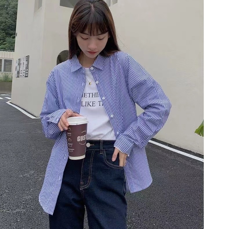 格瑞吉奧寬鬆藍色條紋女襯衫設計感小眾復古長袖內搭上衣襯衣外套