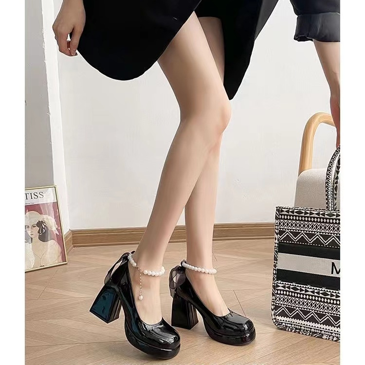 Thick-heeled high-heeled shoes women's 2023 new spring and autumn student French Mary Jane shoes pearl bow fairy style shoes