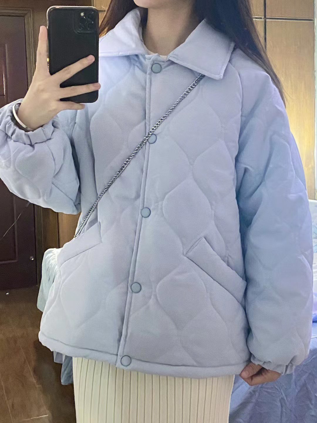 Milk blue cotton coat for women  autumn and winter new thickened warm bread coat small fresh outfit two-piece set