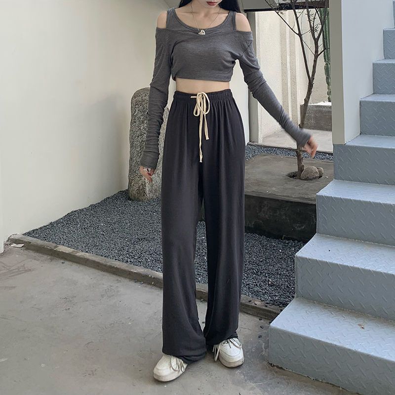 Gray high waist sports casual wide-leg pants women's spring and autumn thin section straight loose drape mopping pants summer ins tide