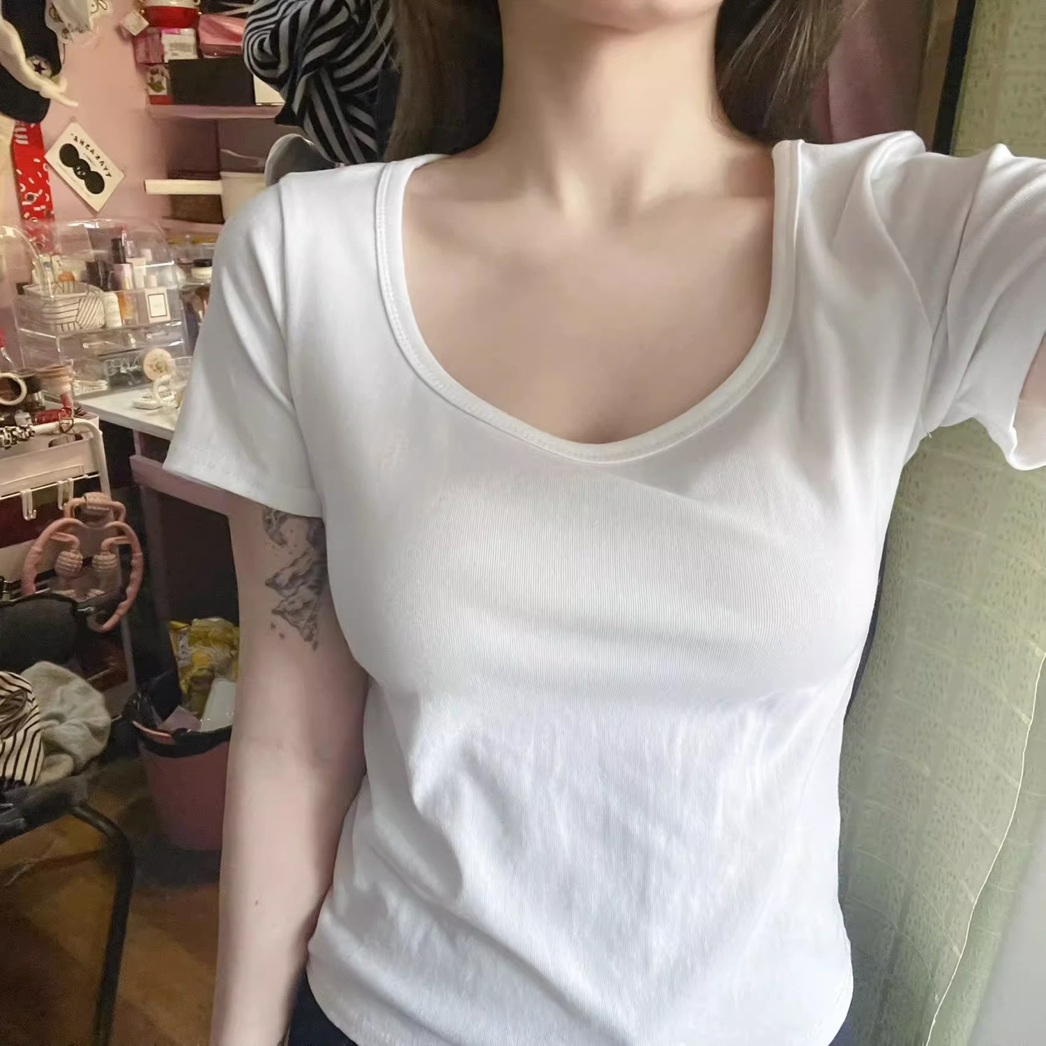 [Pure cotton large U-neck] White shoulder short-sleeved t-shirt women's summer pure desire color simple all-match thin bottoming top trend