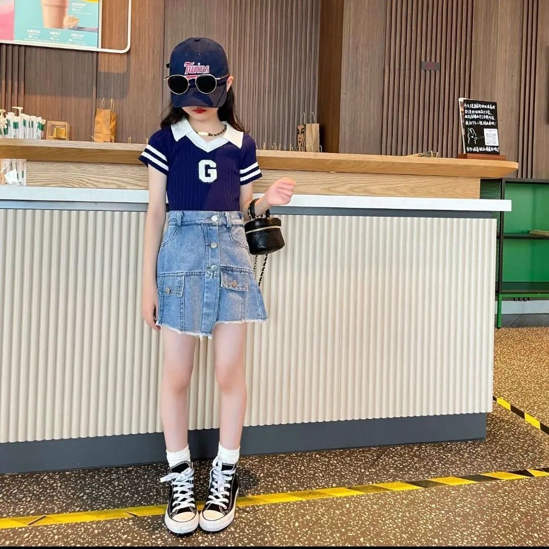 女童夏装套装poloT恤牛仔短裤裙夏季时尚韩版运动洋气两件套