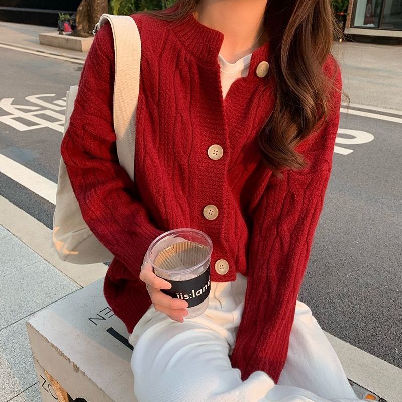 春秋款女装新款麻花毛衣外套潮慵懒ins韩版学生冬季宽松针织开衫【4月
