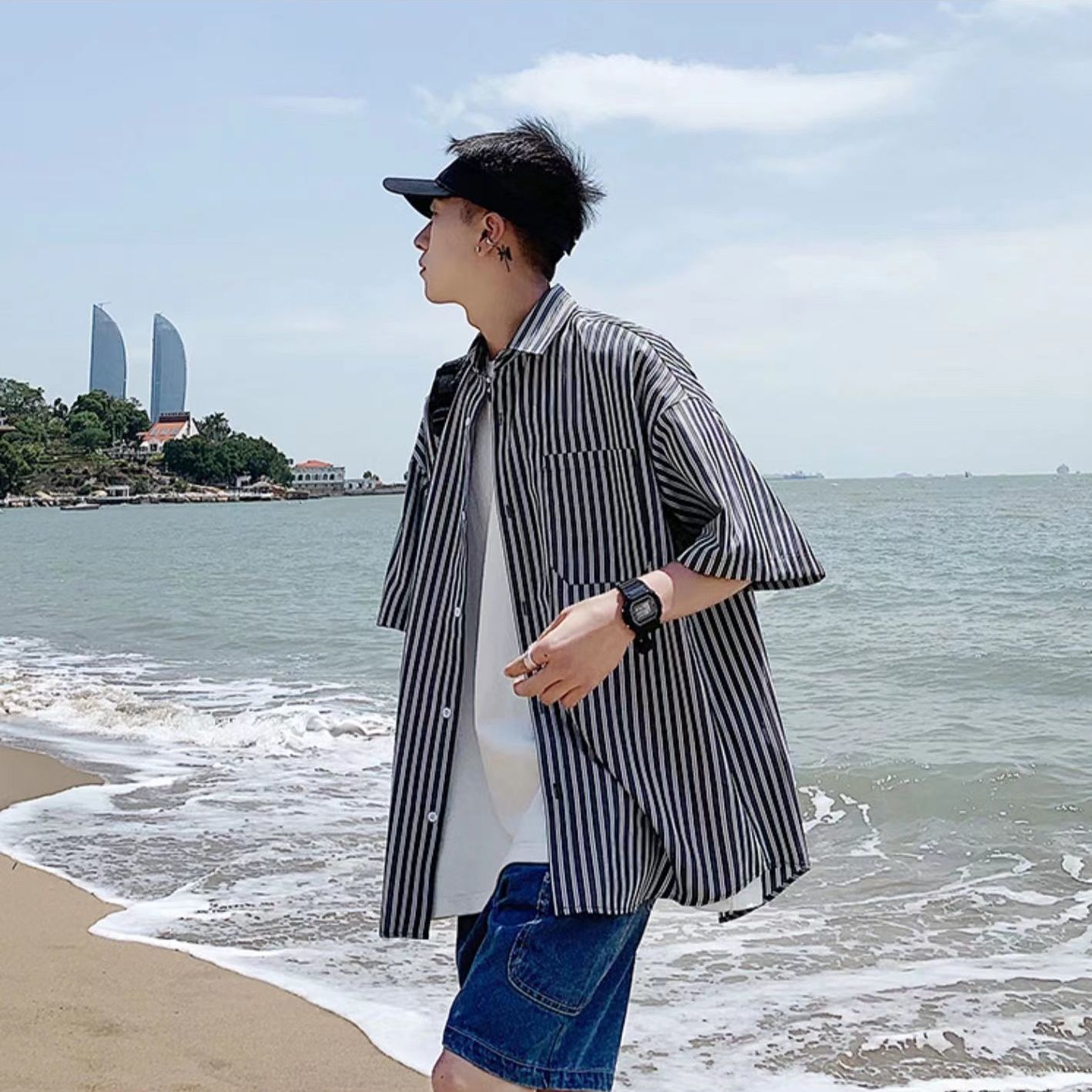 Striped short sleeve shirt men's summer ins ruffian handsome design sense niche shirt Hong Kong Style Japanese trend shirt coat