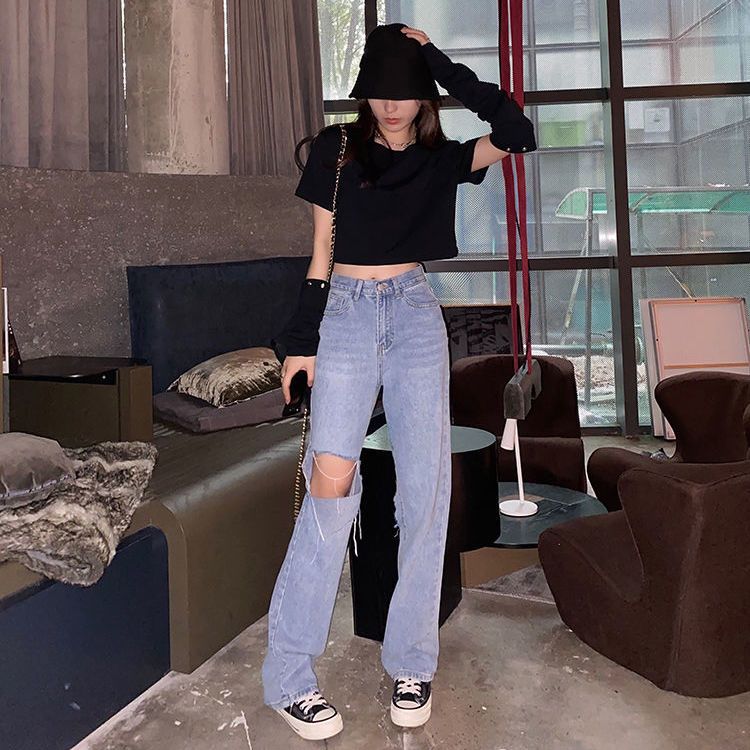 Spring and Autumn thin gray and black high-waisted ripped jeans for women, drapey floor-length wide-leg pants, loose straight leg dad pants