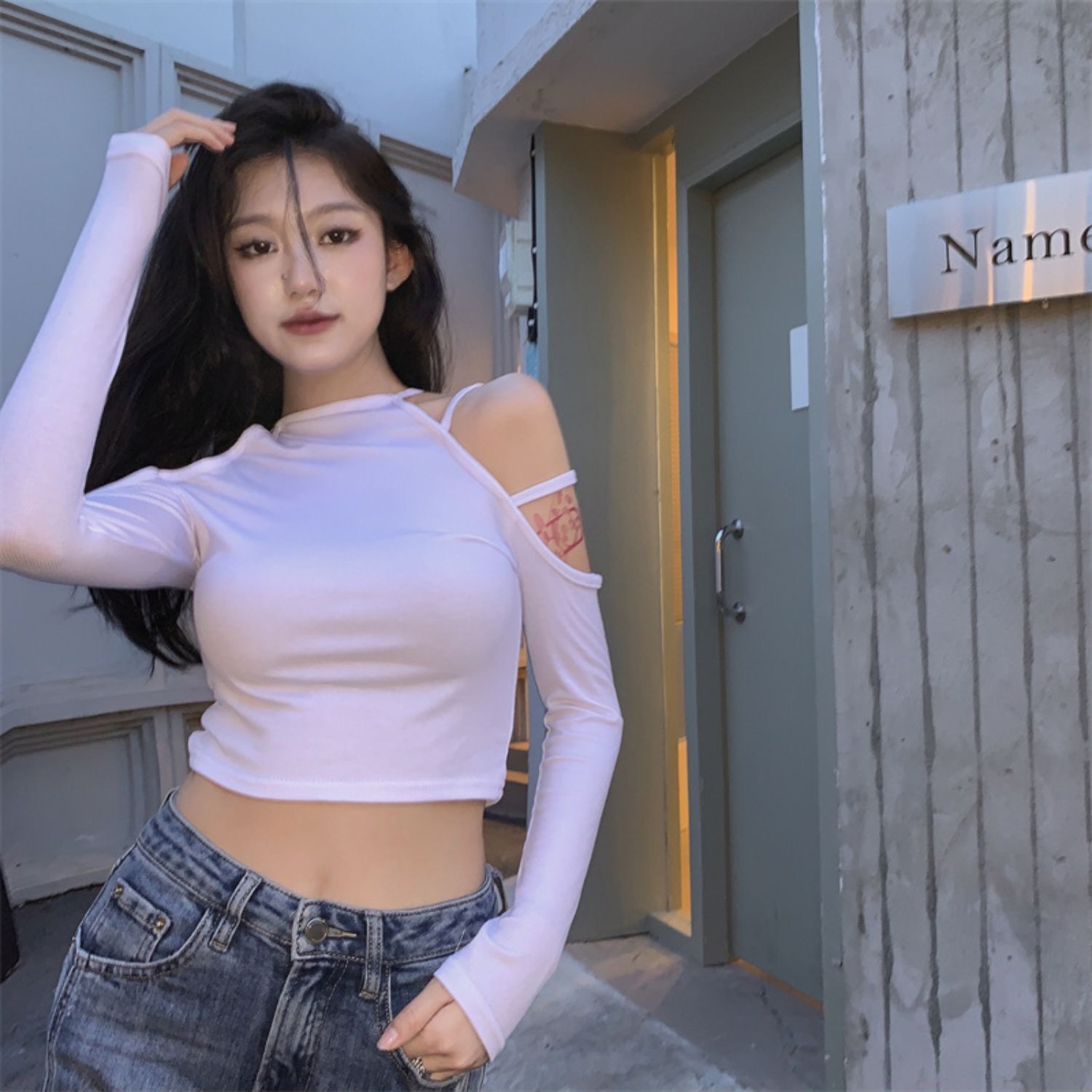 Hyuna style hot girl tight strapless t-shirt feminine western style short long-sleeved top spring and autumn outerwear bottoming shirt