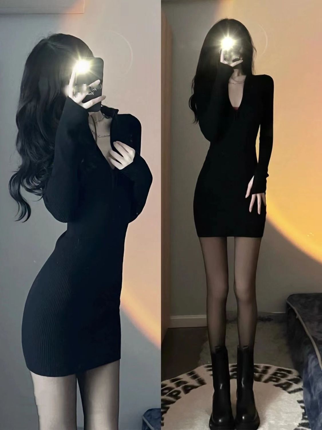 Half-high collar zipper pure desire elastic dress women's autumn and winter bag hip waist tight skirt pure desire hot girl little black dress