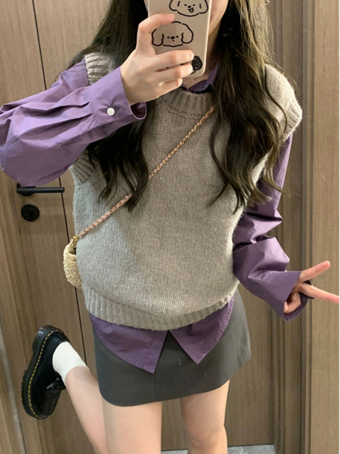 大碼女秋季套裝女2023新款韓系學院風針織圓領馬甲襯衫短裙三件套