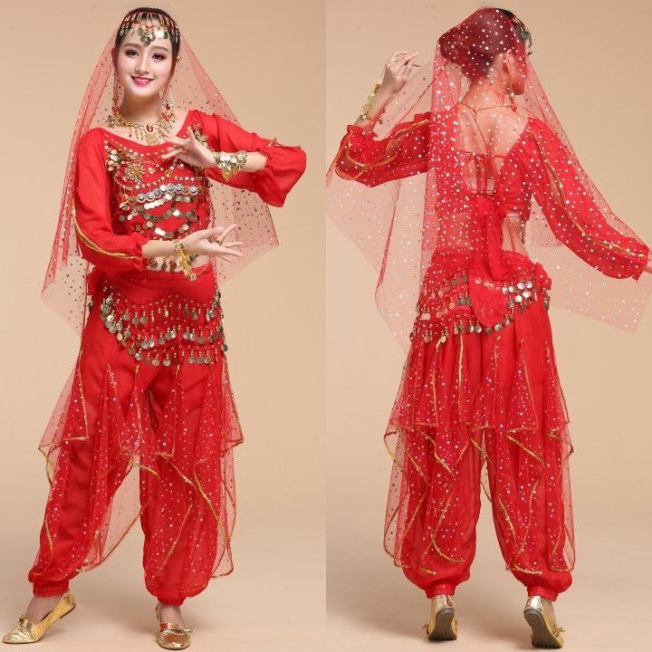 大码新款民族舞新疆舞肚皮舞表演服装长袖彩点裤印度舞演出服套装